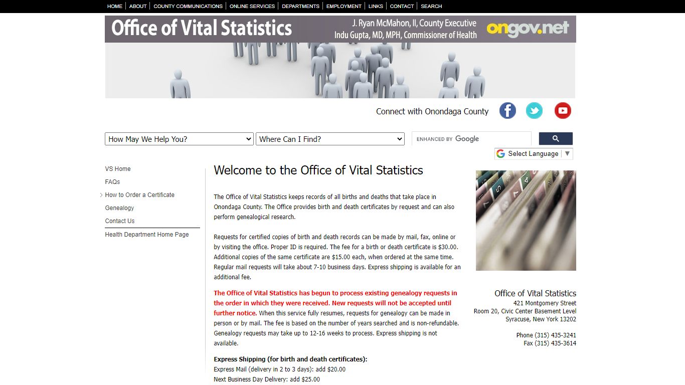 Onondaga County Health Department of Vital Statistics